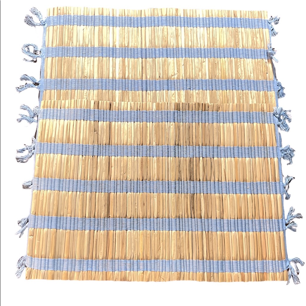 2~Handwoven Straw & Blue Cotton Placemat Boho Rustic Dining Decor -13”x 19”